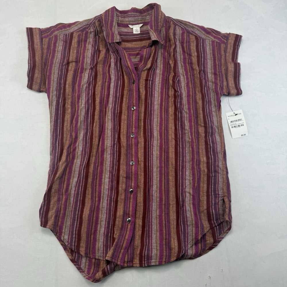 Caslon Women's Small Linen Blend Striped Button Front Shirt Tunic NWT